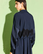 Load image into Gallery viewer, dark blue satin bomber jacket
