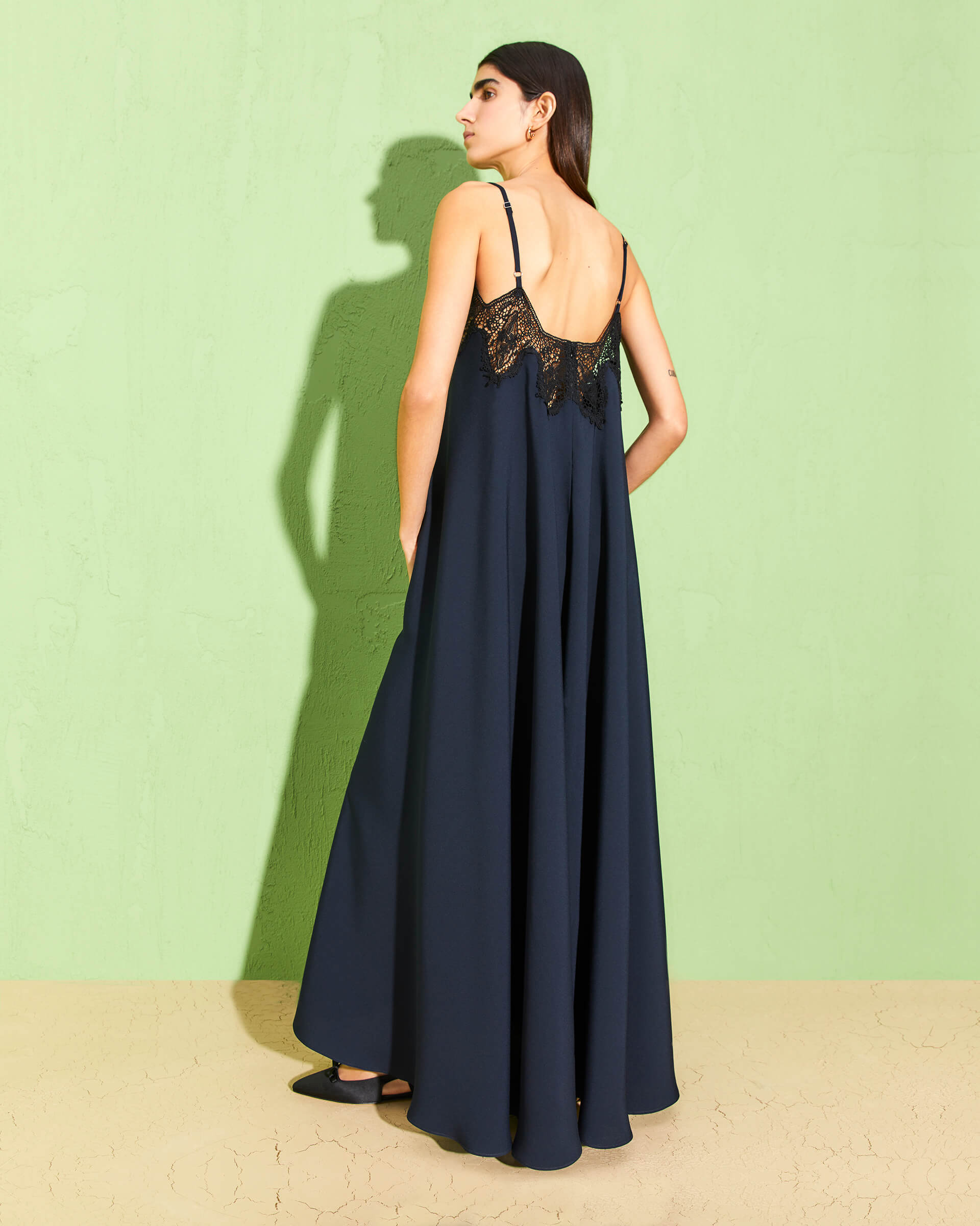 dark blue long satin dress