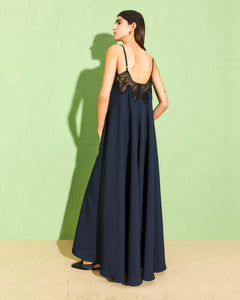 dark blue long satin dress