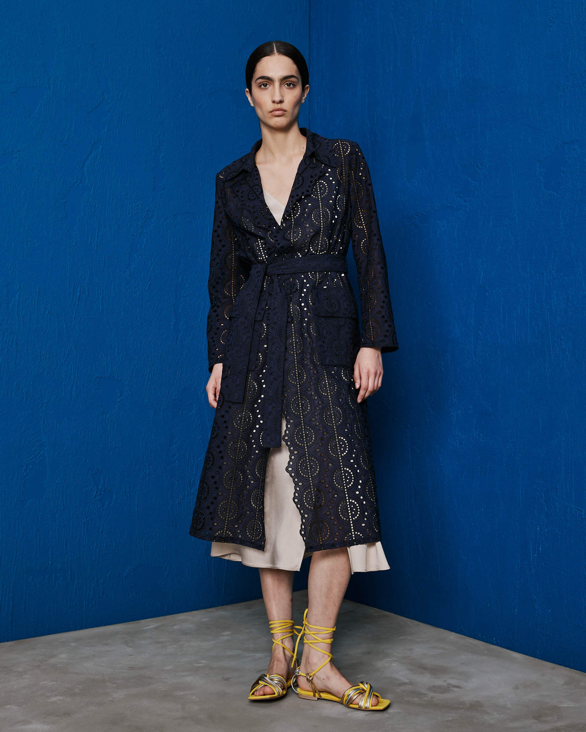 blue broderie trench coat