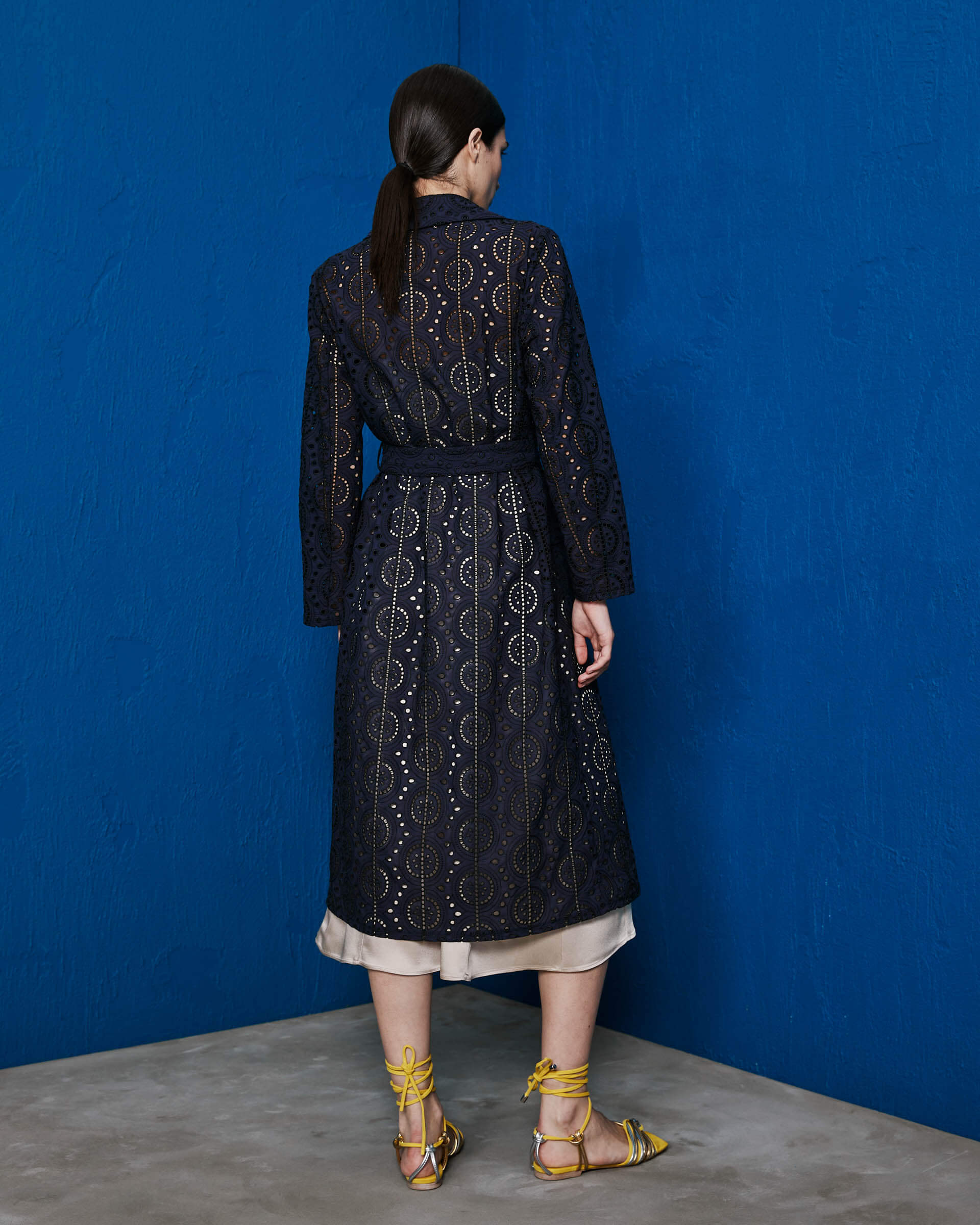 blue broderie trench coat