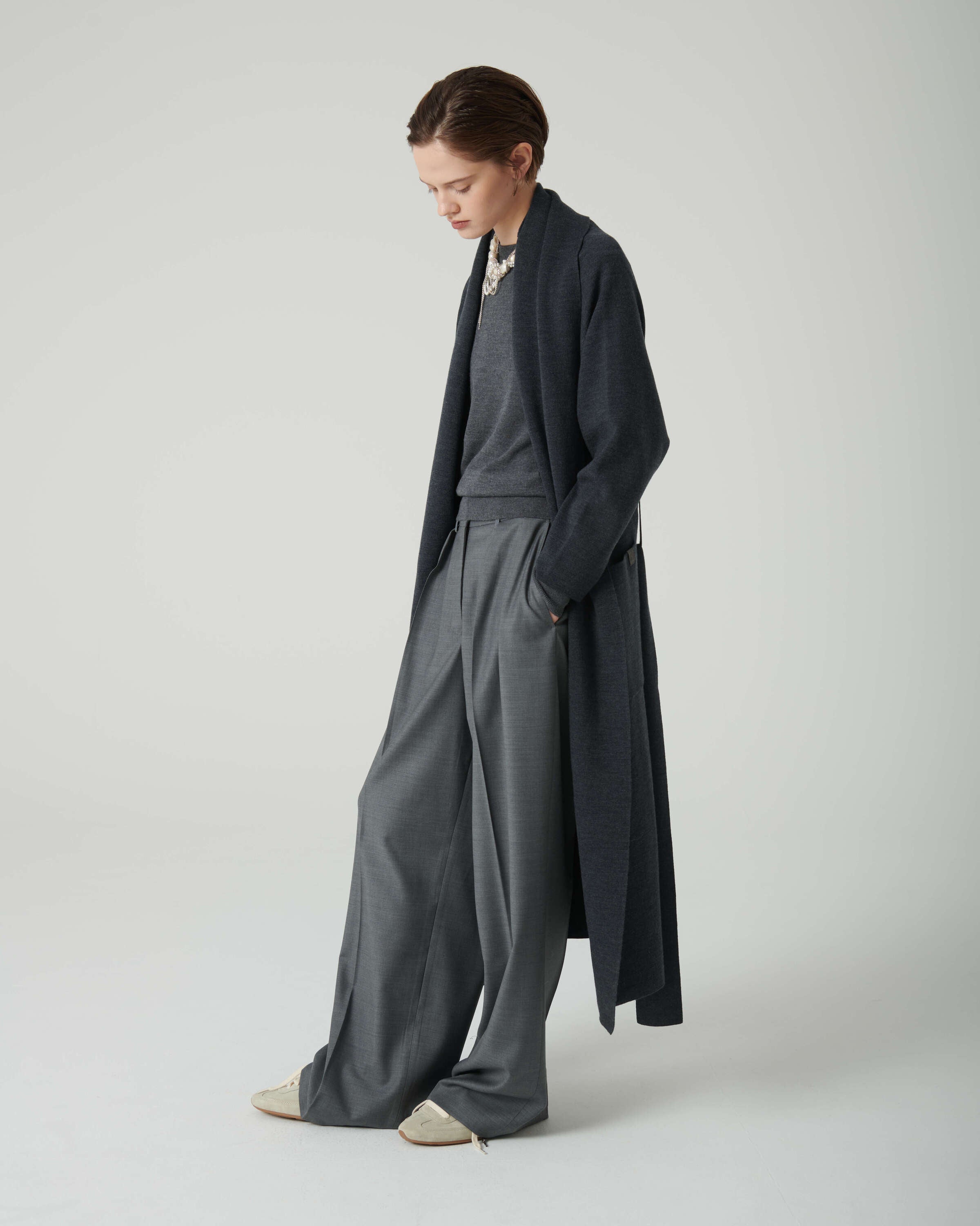 deep grey coat with knit belt