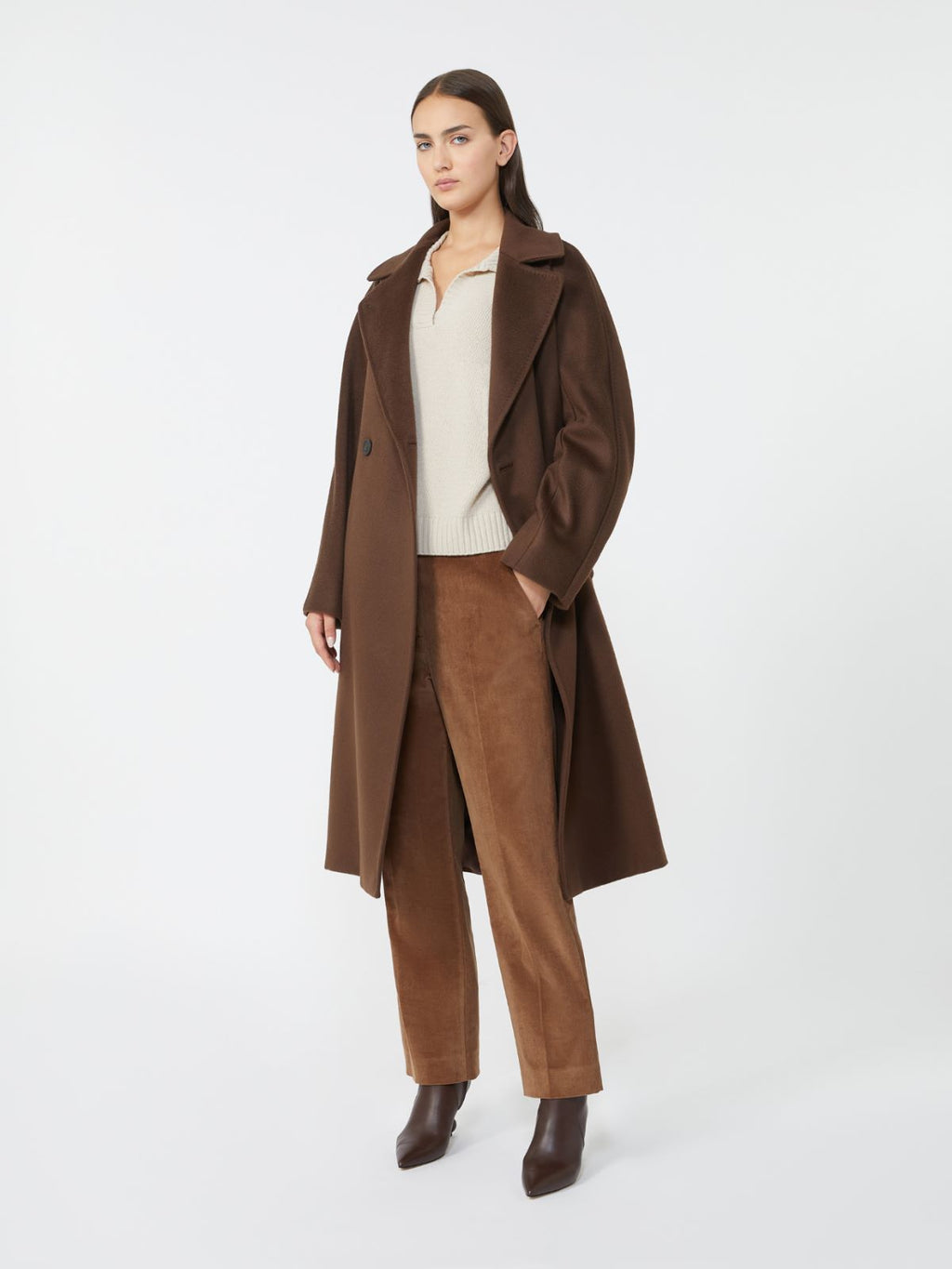 chocolate double-breasted wool midi coat