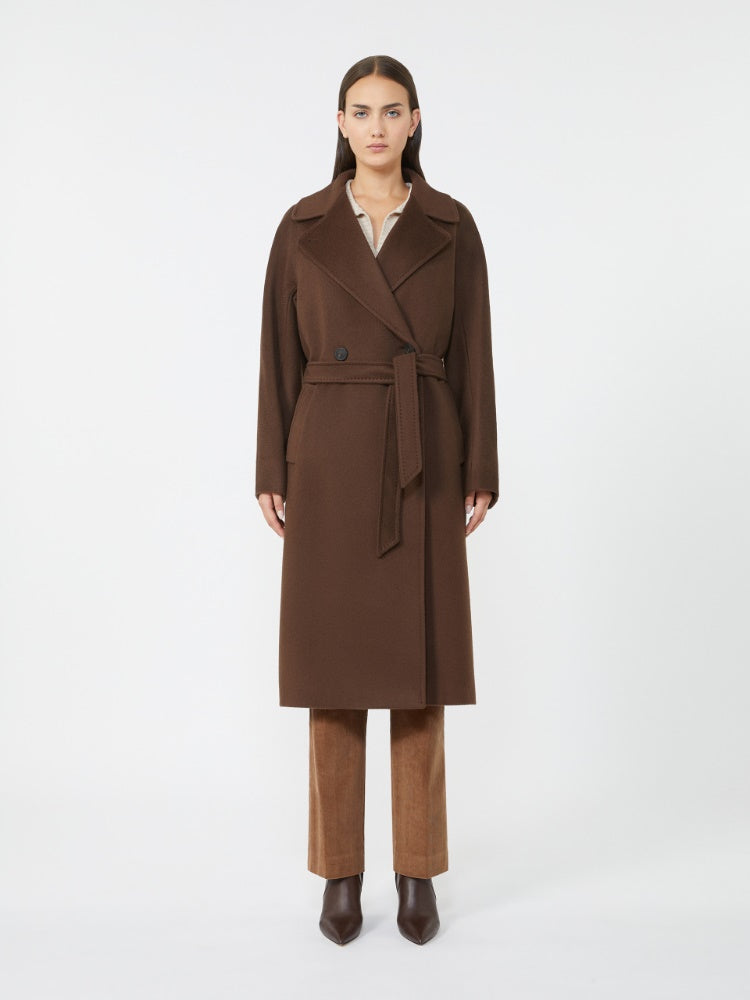 chocolate double-breasted wool midi coat