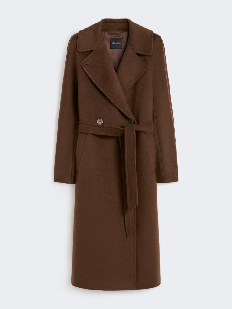 chocolate double-breasted wool midi coat