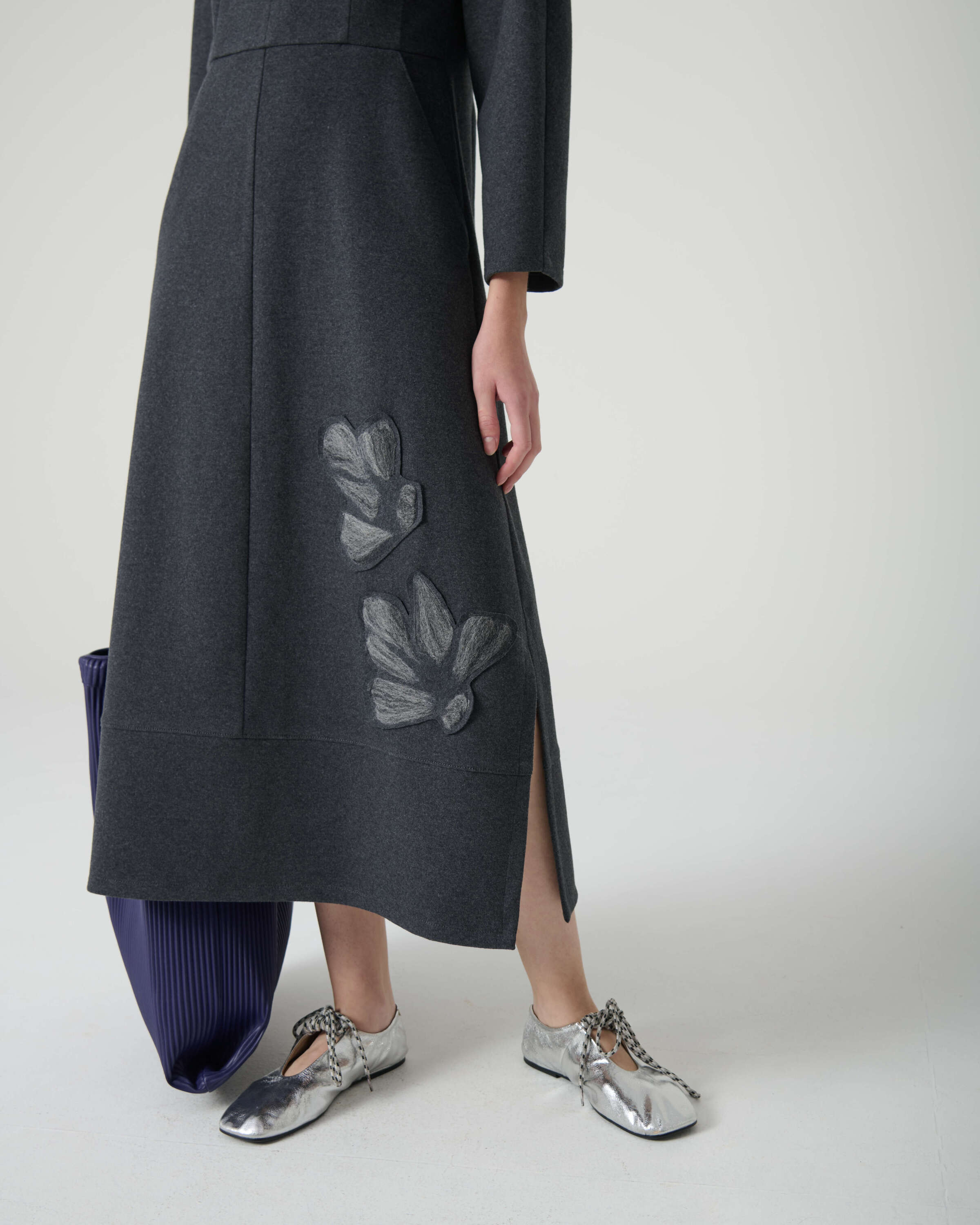 deep gray dress with needle flower