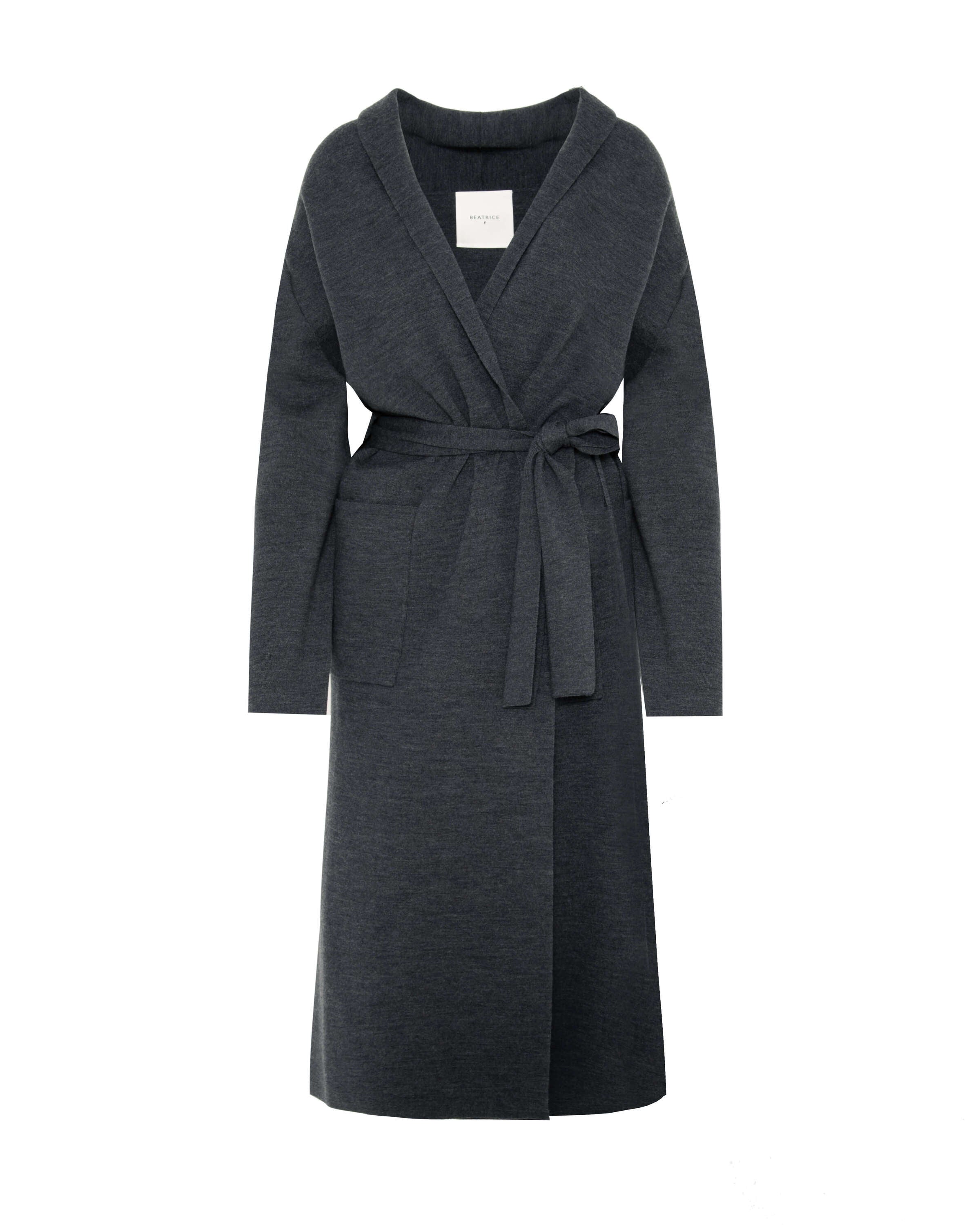 deep grey coat with knit belt