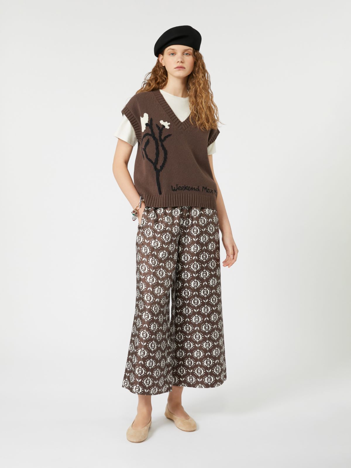 brown wide-fit silk trousers