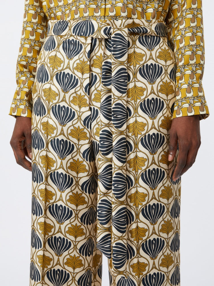 mustard fluid printed silk trousers