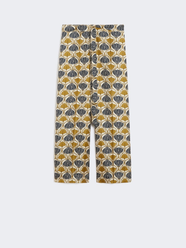 mustard fluid printed silk trousers