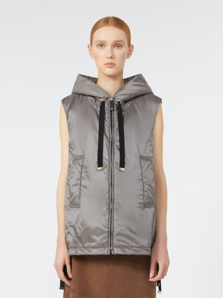 dark grey short gilet with hood
