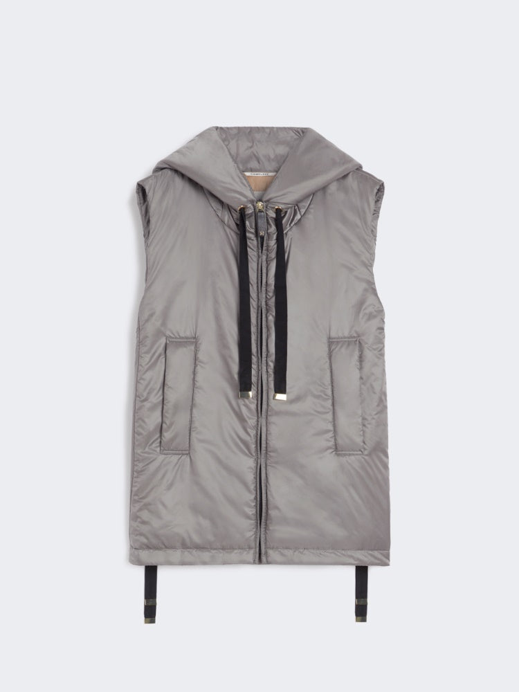 dark grey short gilet with hood