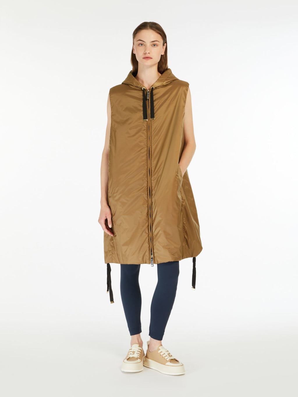 caramel midi gilet with hood