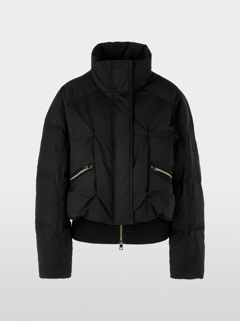 black quilted down jacket with knitted cuffs