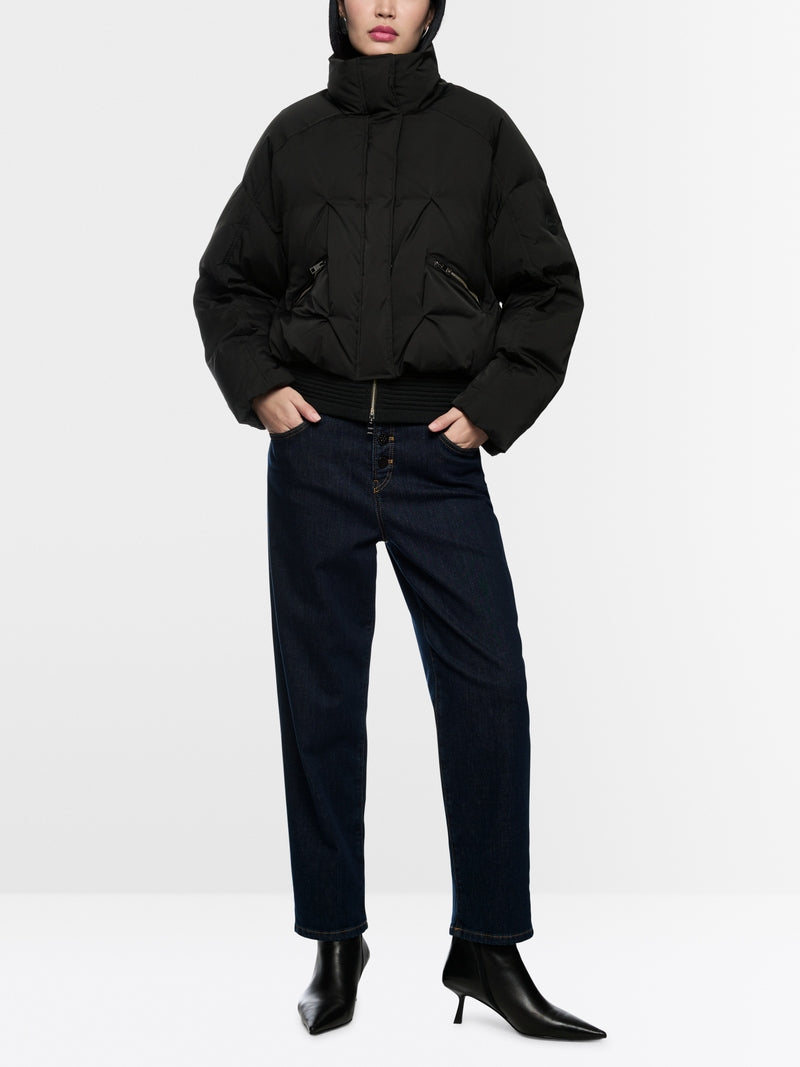 black quilted down jacket with knitted cuffs