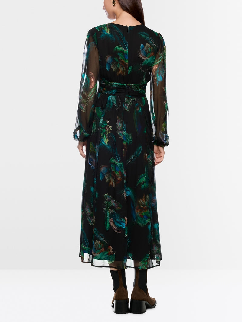 dark jade green dress with feather print