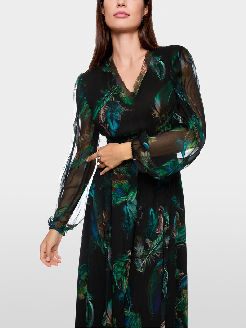 dark jade green dress with feather print