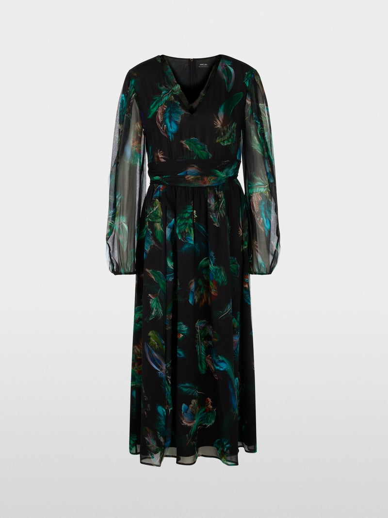 dark jade green dress with feather print