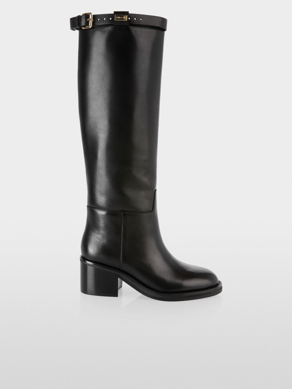black leather boots with decorative strap